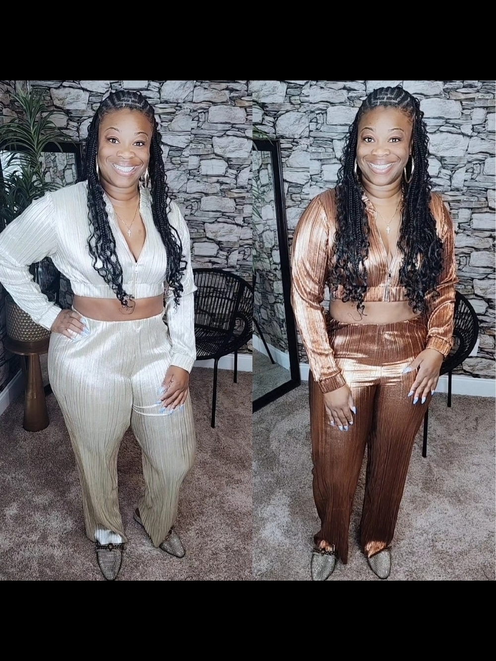 Women's Metallic Pleated Crop Top & Wide Leg Pants Set - Silver or Bronze